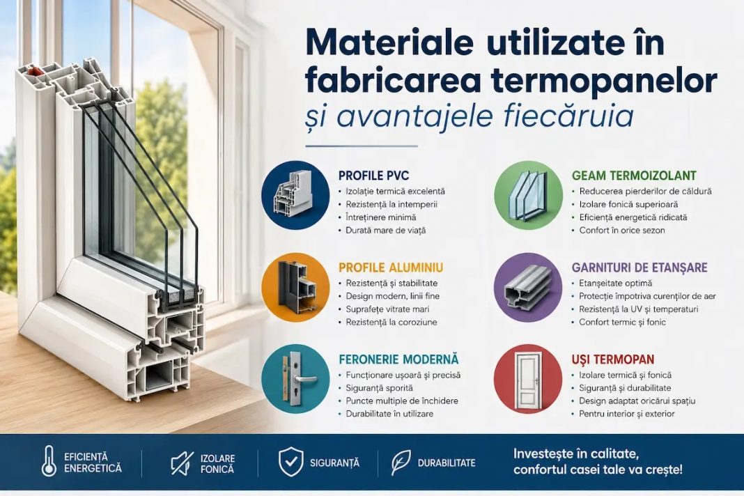 Secțiune de termopan cu profil PVC și geam termoizolant, ilustrând principalele materiale utilizate în fabricarea ferestrelor și ușilor termopan