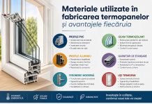 Materiale utilizate în fabricarea termopanelor și avantajele fiecăruia Secțiune de termopan cu profil PVC și geam termoizolant, ilustrând principalele materiale utilizate în fabricarea ferestrelor și ușilor termopan