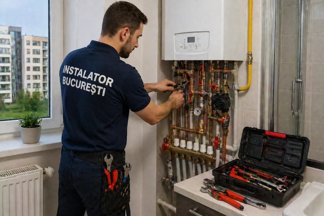 Instalator care efectuează reparații sanitare într-un apartament din Sector 6 București